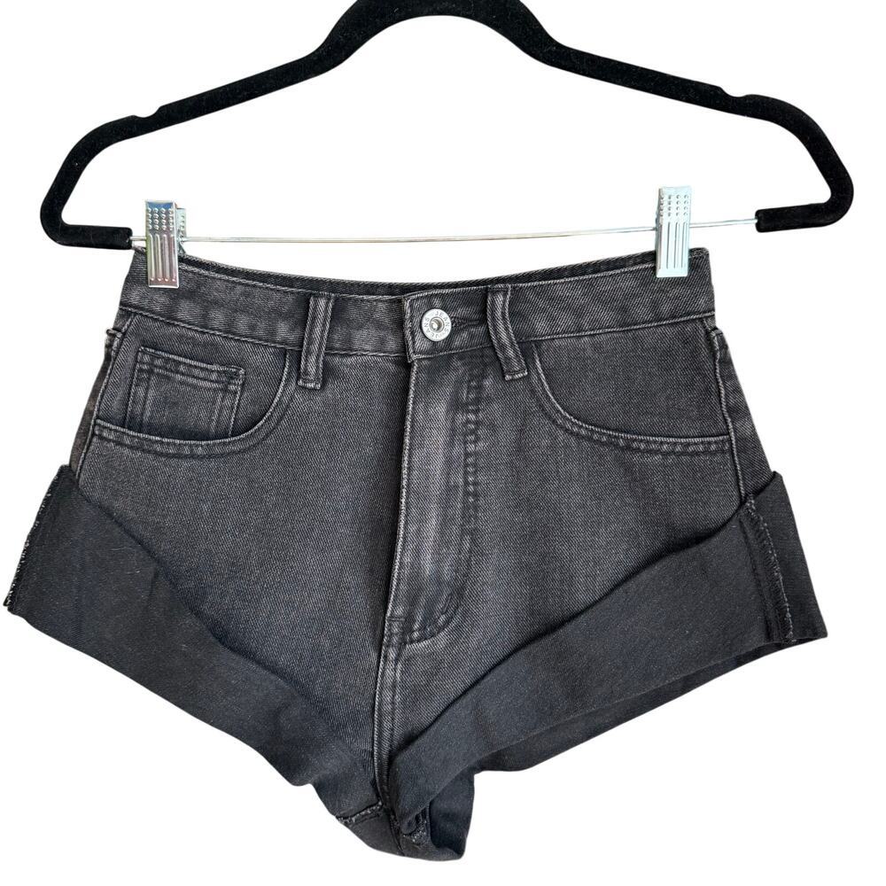 Cider Black High Waist Daisy Duke Rolled Hem Denim Jean Shorts XS Hot Pant Rodeo
